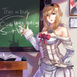 Rule 34 | 10s, 1girl, absurdres, bare shoulders, blonde hair, blue eyes, book, braid, breasts, chalkboard, cleavage, corset, crown, dress, english text, flower, french braid, hairband, hand on own hip, highres, jewelry, joko widodo, kantai collection, long hair, long sleeves, medium breasts, mike.zen, mini crown, necklace, off-shoulder dress, off shoulder, politician, portrait (object), real life, red ribbon, red rose, ribbon, rose, ruler, shadow, table, teaching, underbust, warspite (kancolle), white dress