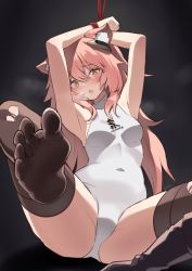 Rule 34 | 1girl, animal ear fluff, animal ears, arknights, armpits, arms up, artist name, bad id, bad pixiv id, bare arms, black background, blush, bound, bound wrists, breasts, breath, brown pantyhose, cameltoe, commission, covered navel, foot focus, goyain, gravel (arknights), groin, leg up, leotard, long hair, looking at viewer, no shoes, open mouth, orange eyes, pantyhose, pink hair, pixiv commission, restrained, rope, sitting, small breasts, solo, spread legs, toes, torn clothes, torn pantyhose, turtleneck, white leotard