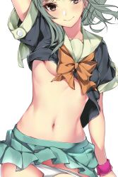 Rule 34 | 1girl, absurdres, arm at side, blush, bow, bowtie, breasts, brown eyes, closed mouth, clothes lift, collarbone, cowboy shot, eyes visible through hair, green skirt, grey hair, hair bow, hand on own head, hario 4, head tilt, highres, kantai collection, long hair, looking at viewer, miniskirt, navel, neckerchief, no legwear, orange neckwear, panties, panty pull, pleated skirt, ponytail, ribbon, school uniform, serafuku, shirt, shirt lift, short sleeves, skirt, skirt set, sleeve cuffs, small breasts, smile, solo, stomach, sweatband, thighs, underboob, underwear, undressing, vest, white panties, yuubari (kancolle)