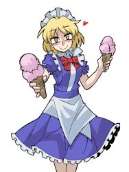 Rule 34 | 1girl, blonde hair, blue dress, closed mouth, commentary, commission, dress, eddybird55555, english commentary, food, heart, highres, holding, holding food, ice cream, looking at viewer, maid, maid headdress, mugetsu (touhou), parody, ringed eyes, short hair, simple background, smile, solo, standing, style parody, touhou, touhou (pc-98), vanripper (style), white background, yellow eyes