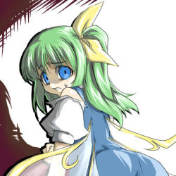 Rule 34 | 1girl, blue eyes, bow, daiyousei, embodiment of scarlet devil, female focus, green hair, hair bow, lowres, solo, tajima yuuki, torn clothes, touhou, wings