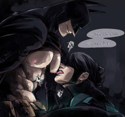 Rule 34 | 2boys, abs, bara, bare pectorals, batman, batman (series), belt, black bodysuit, black cape, black hair, bodysuit, bruce wayne, cape, closed eyes, clothes lift, dc comics, dick grayson, father and son, fuji biotope6, grabbing, groping, incest, large pectorals, licking, licking nipple, looking at another, male focus, mask, multiple boys, muscular, muscular male, nightwing, nipple stimulation, nipples, pectoral grab, pectorals, short hair, smile, tongue, tongue out, yaoi