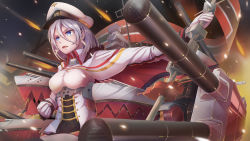 Rule 34 | 1girl, action, aiguillette, azur lane, banner, blue eyes, boots, breasts, cannon, cape, cleavage, clenched hand, collared jacket, cross, cross earrings, earrings, flag, fur-trimmed boots, fur-trimmed cape, fur trim, gloves, hair between eyes, hat, holding, holding pole, imo bouya, jacket, jewelry, large breasts, light particles, looking afar, machinery, military, military uniform, norwegian flag, open mouth, outstretched arm, peaked cap, pencil skirt, pole, rigging, short hair, silver hair, skirt, smoke trail, solo, thigh boots, thighhighs, thighs, tirpitz (azur lane), turret, underbust, uniform, white gloves