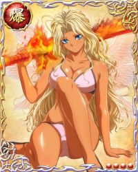 Rule 34 | 1girl, angel, angel wings, bare arms, bare legs, bare shoulders, bastard!!, bikini, blonde hair, blue eyes, breasts, card (medium), cleavage, feathers, feet, fire, holding, holding sword, holding weapon, large breasts, legs, long hair, looking at viewer, magic, michael (bastard!!), mobage, over shoulder, serious, shiny skin, simple background, sitting, solo, swimsuit, sword, thighs, weapon, wings