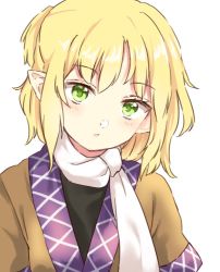 Rule 34 | 1girl, :/, blonde hair, expressionless, green eyes, half updo, head tilt, looking at viewer, mizuhashi parsee, one-hour drawing challenge, pointy ears, robe, scarf, solo, touhou, yururi nano