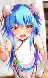 Rule 34 | 1girl, alternate costume, blue hair, blush, china dress, chinese clothes, cowboy shot, double bun, dress, efe, from above, hair between eyes, hair bun, highres, hinanawi tenshi, long hair, open mouth, orange eyes, rainbow order, solo, thighhighs, touhou, white dress, white thighhighs