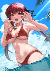 Rule 34 | 1girl, absurdres, arms up, beach, bikini, breasts, cleavage, ear piercing, earrings, gao, highres, hololive, houshou marine, houshou marine (summer), in water, jewelry, kojy, large breasts, looking at viewer, multicolored eyes, navel, necklace, open mouth, piercing, red bikini, red eyes, red hair, skin tight, skindentation, solo, swimsuit, twintails, underboob, virtual youtuber, wading, water, wet, yellow eyes