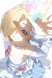 1girl absurdres applepie_(12711019) asymmetrical_bangs blonde_hair breasts commentary detached_sleeves dress hair_over_one_eye highres idolmaster idolmaster_cinderella_girls jewelry looking_up necklace one_eye_covered shirasaka_koume short_hair simple_background small_breasts smile solo tiara white_background white_dress