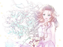 Rule 34 | 1girl, aerith gainsborough, arms behind back, bare arms, bare shoulders, breasts, brown hair, dress, falling petals, final fantasy, final fantasy vii, final fantasy vii remake, green eyes, highres, jyukikob, long dress, long hair, medium breasts, open mouth, parted bangs, petals, pink dress, sidelocks, signature, sleeveless, sleeveless dress, solo, teeth, upper body, upper teeth only, wavy hair, white background