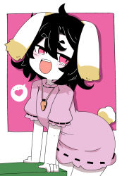 Rule 34 | animal ears, arched back, black hair, carrot necklace, colored skin, dress, floppy ears, heart, highres, inaba tewi, leaning forward, medium hair, necklace, ooyama bokuchi, open mouth, pink dress, pink eyes, rabbit ears, rabbit tail, short sleeves, tail, teeth, touhou, white skin