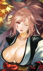 Rule 34 | 1girl, arc system works, baiken, big hair, breasts, cleavage, facial tattoo, guilty gear, highres, jako (toyprn), japanese clothes, kimono, large breasts, long hair, looking at viewer, one-eyed, one eye closed, open clothes, open kimono, scar, scar across eye, scar on face, solo, tattoo
