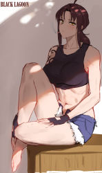 Rule 34 | 1girl, abs, absurdres, ahoge, bare arms, bare legs, bare shoulders, barefoot, black gloves, black lagoon, black tank top, blush, breasts, brown hair, cigarette, collarbone, copyright name, denim, denim shorts, female focus, fingerless gloves, gloves, hand on own leg, hand on own thigh, highres, knee up, large breasts, laserflip, legs, long hair, looking at viewer, midriff, navel, neck, parted bangs, ponytail, revy (black lagoon), shade, short shorts, shorts, sitting, smile, smoking, solo, tank top, tattoo, yellow eyes