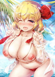 Rule 34 | 1girl, alternate breast size, bikini, blonde hair, blush, breasts, curvy, fang, goriyaku, large breasts, leaning forward, looking at viewer, navel, nipples, one eye closed, open mouth, plump, red eyes, ribbon, rumia, short hair, smile, solo, standing, swimsuit, touhou, water