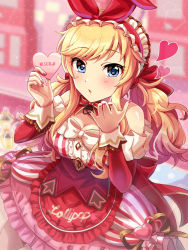 Rule 34 | 1girl, :o, bare shoulders, blonde hair, blowing kiss, blue eyes, blush, bow, bowtie, breasts, center frills, cleavage, detached sleeves, dress, english text, frilled dress, frills, from above, headband, heart, highres, idolmaster, idolmaster cinderella girls, idolmaster cinderella girls starlight stage, large breasts, long hair, looking at viewer, nail polish, off-shoulder dress, off shoulder, ohtsuki yui, pink theme, red nails, sakura ran, sidelocks, solo, striped clothes, striped dress, swept bangs, twintails, valentine