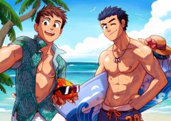 Rule 34 | 2boys, abs, aged down, artist name, beach, biceps, black eyes, blue hair, brown eyes, brown hair, cloud, day, fish, glasses, hand on own hip, hat, highres, jewelry, long sideburns, looking at viewer, male focus, mondoart, multiple boys, muscular, muscular male, navel, necklace, nipples, ocean, one eye closed, open clothes, open mouth, open shirt, original, palm tree, pectorals, scar, scar on face, shirt, short hair, shorts, sideburns, sky, smile, spiked hair, surfboard, thick eyebrows, topless male, tree