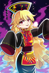 Rule 34 | 1girl, :d, aged down, black dress, blonde hair, doku yanagi, dress, headdress, highres, junko (touhou), long hair, long sleeves, looking at viewer, open mouth, red eyes, smile, solo, standing, tabard, touhou, touhou lostword