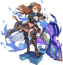 Rule 34 | 1girl, armor, armored boots, artist request, asymmetrical bangs, aura, beatrix (granblue fantasy), belt, blue ribbon, blue thighhighs, blue vest, blush, boots, breasts, brown footwear, brown hair, brown jumpsuit, closed mouth, clothing cutout, cube, faulds, female focus, full body, gauntlets, granblue fantasy, green eyes, hair ornament, hair ribbon, hand up, happy, highres, holding, holding sword, holding weapon, jumpsuit, knee pads, large breasts, leaning forward, light blush, long hair, looking at viewer, navel, non-web source, official art, outstretched arm, ponytail, ribbon, short jumpsuit, shoulder armor, smile, solo, standing, stomach, stomach cutout, sword, thighhighs, transparent background, v-shaped eyebrows, vambraces, vest, waist cape, weapon, world flipper