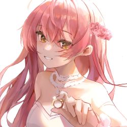 Rule 34 | 1girl, :d, absurdres, bad id, bad twitter id, bride, dasha, dress, flower, hair flower, hair ornament, highres, idolmaster, idolmaster cinderella girls, jewelry, jougasaki mika, looking at viewer, necklace, open mouth, ornate ring, pearl necklace, pink flower, pink hair, pink rose, ring, rose, simple background, smile, solo, straight hair, upper body, wedding dress, wedding ring, white background, white dress