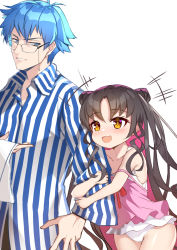 Rule 34 | 1boy, 1girl, :d, age difference, age switch, aged down, aged up, arm grab, babydoll, bad id, bad pixiv id, bare shoulders, black hair, blue eyes, blue hair, child, collarbone, collared shirt, colored inner hair, commentary request, double bun, eyewear strap, fate/grand order, fate (series), frilled swimsuit, frills, glasses, hair bun, hans christian andersen (adult) (fate), hans christian andersen (fate), highres, holding, holding towel, long hair, long sleeves, looking at another, multicolored hair, one-piece swimsuit, open mouth, parted lips, pink babydoll, pink hair, pink one-piece swimsuit, red ribbon, ribbon, sessyoin kiara, sessyoin kiara (lily), sessyoin kiara (swimsuit mooncancer), shirt, short hair, simple background, smile, strap slip, striped clothes, striped shirt, swimsuit, towel, two-tone hair, white background, wing collar, yellow eyes, yuruto