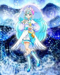 Rule 34 | 1girl, blue eyes, blue footwear, blue hair, boots, cure ange, cure ange (cheerful style), dress, earrings, full body, hand on own hip, heart pouch, highres, hugtto! precure, jewelry, long sleeves, magical girl, official art, precure, precure connection puzzlun, see-through, see-through sleeves, smile, solo, third-party source, veil, white dress, wide ponytail, yakushiji saaya