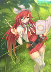 Rule 34 | 1girl, aty (summon night), belt, beret, blue eyes, book, book stack, boots, glasses, hat, holding, holding book, long hair, looking at viewer, red hair, red sweater, ryouku, smile, solo, summon night, summon night 3, sweater, thigh boots, thighhighs, white footwear, white thighhighs, zettai ryouiki