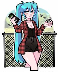 1girl aqua_eyes aqua_hair black_shorts breasts can cleavage hatsune_miku heart highres knic_toons monster_energy plaid_clothes plaid_shirt shirt shorts worldwide_miku