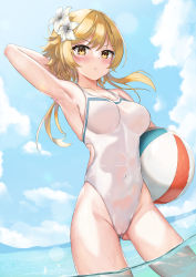 Rule 34 | 1girl, :t, absurdres, arm behind head, arm up, armpits, ball, bare arms, bare shoulders, beachball, bikini, blonde hair, blush, breasts, cameltoe, cleavage, day, flower, genshin impact, gluteal fold, hair flower, hair ornament, highres, holding, large breasts, long hair, looking at viewer, lumine (genshin impact), medium breasts, medium hair, one-piece swimsuit, outdoors, pout, sidelocks, skai kun, skindentation, solo, spaghetti strap, standing, swimsuit, thighs, wading, water, white bikini, white one-piece swimsuit, yellow eyes