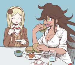 Rule 34 | 2girls, blonde hair, blush stickers, bowl, breasts, brown eyes, brown hair, brown jacket, brown vest, burger, chopsticks, cleavage, closed eyes, collared shirt, commentary request, danganronpa (series), danganronpa 3 (anime), flower, food, food on face, glass, grey background, grey shirt, hair between eyes, hair flower, hair ornament, hope&#039;s peak academy school uniform, jacket, large breasts, long hair, looking at another, multiple girls, namu (nurui cha), neck ribbon, official alternate costume, open mouth, owari akane, plate, red ribbon, ribbon, rice, rice bowl, salad, school uniform, shirt, simple background, sonia nevermind, table, vest