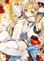 Rule 34 | 1girl, aemochi, ahoge, azur lane, bad id, bad pixiv id, black footwear, blonde hair, blush, breasts, brown eyes, brown hair, covered navel, detached sleeves, eldridge (azur lane), electric plug, facial mark, fur trim, gradient hair, holding, knee up, leotard, long hair, looking at viewer, low twintails, multicolored hair, parted lips, shoes, small breasts, solo, sparkle, tail, thighhighs, thighs, twintails, very long hair, white leotard, white thighhighs