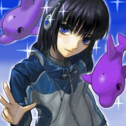 Rule 34 | 1girl, black hair, blue background, blue eyes, blue hair, blue jacket, cable, closed mouth, colored skin, creature, dolphin, fins, grey shirt, hand up, head tilt, headphones, highres, jacket, light blush, light smile, llchimera, long sleeves, looking at viewer, makeup, mascara, medium hair, multicolored clothes, multicolored eyes, multicolored jacket, original, outline, purple skin, ringed eyes, shirt, sidelocks, solo focus, star (symbol), two-tone background, two-tone jacket, upper body, v, white jacket, white outline, zipper