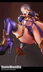 Rule 34 | 1girl, boots, breasts, cameltoe, dantewontdie, from below, high heel boots, high heels, highres, isabella valentine, large breasts, short hair, soul calibur, thigh boots, thighhighs
