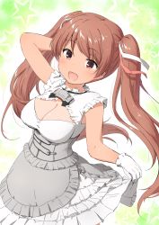 Rule 34 | 1girl, alternate breast size, breasts, brown eyes, brown hair, cleavage, cleavage cutout, clothing cutout, conte di cavour (kancolle), conte di cavour (kancolle) (cosplay), conte di cavour nuovo (kancolle), corset, cosplay, dark-skinned female, dark skin, dress, grey dress, highres, kantai collection, large breasts, layered dress, libeccio (kancolle), long hair, sleeveless, sleeveless dress, solo, twintails, two-tone dress, wamu (chartreuse), white dress