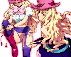 Rule 34 | 1girl, bare shoulders, belt, blonde hair, blue eyes, blush, boots, bow, breasts, cowboy hat, dress, frills, hair ornament, hairclip, hairu, hat, hat over eyes, jewelry, long hair, macross, macross frontier, panties, sheryl nome, thighhighs, underwear, undressing