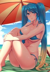 Rule 34 | 1girl, bikini, breasts, female focus, gradient hair, large breasts, league of legends, long hair, multicolored hair, navel, side-tie bikini bottom, sitting, smile, solo, sona (league of legends), spichis, swimsuit, twintails