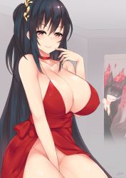 Rule 34 | 2girls, akagi (azur lane), animal ears, azur lane, black hair, blush, breasts, choker, cleavage, door, dress, fox ears, hair ornament, highres, huge breasts, kuavera, long hair, looking at viewer, multiple girls, no panties, official alternate costume, one side up, open mouth, parted lips, peeking out, red dress, red eyes, shaded face, smile, taihou (azur lane), taihou (forbidden feast) (azur lane), very long hair