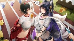 Rule 34 | &gt; &lt;, 1other, 2girls, alternate costume, animal ear fluff, animal ears, arms behind back, asymmetrical docking, azur lane, black buruma, bound, bound wrists, bread eating race, breast press, breasts, bruenhilde (azur lane), bruenhilde (grain-seizing grani) (azur lane), buruma, day, dolphin shorts, facial mark, fox ears, fox girl, fox tail, from above, gym uniform, hair between eyes, hairband, headband, highres, holding, holding hose, hose, jacket, jewelry, kim eb, kitsune, kyuubi, large breasts, large tail, loading screen, long hair, looking at viewer, looking up, magatama, magatama necklace, manjuu (azur lane), midriff, mouth hold, multicolored hair, multiple girls, multiple tails, musashi (azur lane), navel, necklace, official alternate costume, official art, open clothes, open jacket, outdoors, purple hair, red eyes, red hairband, red jacket, red shorts, running track, shirt, short sleeves, shorts, split-color hair, spoken squiggle, squiggle, tail, tied up (nonsexual), very long hair, water, wet, wet clothes, wet shirt, whisker markings, white tail, yellow eyes