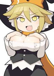 Rule 34 | 1girl, :d, black skirt, black vest, blonde hair, blush, body freckles, bow, breasts, buttons, cleavage, cleavage cutout, clothing cutout, commentary request, cookie (touhou), cowboy shot, fang, freckles, hair between eyes, hands on own breasts, hat, hat bow, hospital king, kirisame marisa, kohaku (cookie), large breasts, long bangs, long sleeves, looking at viewer, open mouth, orange bow, orange scarf, scarf, shirt, short hair, simple background, skirt, smile, touhou, vest, white background, white shirt, witch hat, yellow eyes