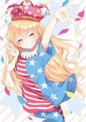 Rule 34 | 1girl, alternate legwear, american flag dress, american flag legwear, blonde hair, blush, clownpiece, commentary request, crown, dress, hat, igayan, jester cap, long hair, neck ruff, outstretched arm, polka dot, pun, short dress, short sleeves, smile, solo, star (symbol), striped, teeth, thighhighs, touhou, v, very long hair