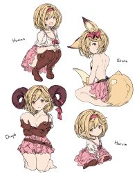 Rule 34 | 1girl, animal ears, bare back, bare shoulders, barefoot, belt, blonde hair, blush, boots, breast hold, breasts, brown eyes, brown footwear, brown gloves, commentary request, covering privates, covering breasts, djeeta (granblue fantasy), draph, erune, frills, gloves, granblue fantasy, hairband, hands on own knees, harvin, heart, highres, horns, kneeling, large breasts, looking at viewer, looking back, medium breasts, mocchi (user 53239645), open mouth, pink hairband, pointy ears, short hair, sideboob, sitting, sitting on tail, small breasts, smile, squatting, tail, thigh boots, thighhighs, wavy mouth, white background