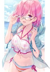 Rule 34 | 1girl, absurdres, beach, bikini, breasts, cloud, cloudy sky, day, fate/grand order, fate (series), glasses, hair over one eye, hands up, highres, kuroki (ma-na-tu), looking at viewer, mash kyrielight, medium breasts, navel, ocean, official alternate costume, open clothes, open mouth, outdoors, pink hair, purple eyes, scan, see-through, short hair, short sleeves, simple background, sky, smile, solo, stomach, striped bikini, striped clothes, swimsuit, water