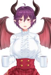 Rule 34 | 1girl, ahoge, blush, breasts, calligraphy brush (medium), center frills, cup, dragon girl, dragon horns, dragon wings, frills, granblue fantasy, grea (shingeki no bahamut), hair between eyes, high-waist skirt, highres, holding, holding cup, horns, large breasts, looking at viewer, mug, open mouth, plaid, plaid skirt, pointy ears, purple hair, red eyes, red skirt, shingeki no bahamut, shirt, short hair, simple background, skirt, solo, springveiv, white background, white shirt, wings