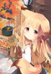Rule 34 | 1girl, :o, animal ears, autumn leaves, backpack, bag, blonde hair, blue skirt, blurry, blurry foreground, blush, bow, brown bow, brown hair, commentary request, depth of field, fox ears, fox girl, fox tail, gradient hair, hair bow, hands up, highres, kushida you, long hair, long sleeves, looking at viewer, looking to the side, multicolored hair, original, parted lips, pot, red eyes, shirt, skirt, solo, tail, very long hair, wall lamp, white shirt, windowsill
