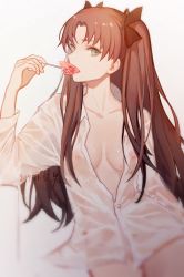 Rule 34 | 1girl, blouse, blue eyes, bottomless, breasts, brown hair, cleavage, dated, eating, fate/stay night, fate (series), food, fruit, guiguqingming, hair ornament, highres, long hair, long sleeves, looking at viewer, open clothes, open shirt, ribbon, see-through, see-through shirt, shirt, signature, solo, tohsaka rin, translucent, twintails, watermelon, watermelon slice, wet, wet clothes, wet shirt, white background, white shirt