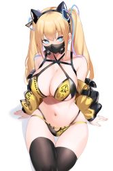 Rule 34 | 1girl, bare shoulders, bikini, black thighhighs, blonde hair, blue eyes, breasts, cleavage, commission, cowboy shot, hair ribbon, hairband, highres, large breasts, long hair, long sleeves, looking at viewer, mask, navel, off shoulder, original, ribbon, simple background, sitting, spider apple, swimsuit, thighhighs, thighs, twintails, two-tone bikini, white background