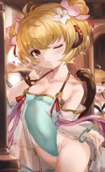 Rule 34 | 2girls, absurdres, andira (granblue fantasy), anila (granblue fantasy), animal ears, blonde hair, breasts, cleavage, commentary request, covered navel, cowboy shot, detached sleeves, double bun, flat chest, granblue fantasy, green leotard, hair bun, highleg, highleg leotard, highres, leotard, looking at viewer, maou (maoudaisukiya), monkey ears, monkey tail, multiple girls, short hair, small breasts, solo focus, tail
