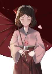 Rule 34 | 1girl, absurdres, bad id, bad pixiv id, bow, brown hair, character name, closed mouth, commentary, drill hair, closed eyes, facing viewer, hair bow, hakama, hakama skirt, harukaze (kancolle), highres, holding, holding umbrella, japanese clothes, kantai collection, kimono, long sleeves, meiji schoolgirl uniform, oil-paper umbrella, petals, pink kimono, red bow, red hakama, simple background, skirt, smile, solo, sui (sui27shika), twin drills, umbrella, white background