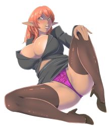 Rule 34 | 1girl, breasts, cleavage, dark skin, dark-skinned female, elf, female focus, large breasts, no bra, office lady, partially visible vulva, pointy ears, simple background, solo, spread legs, supi (inner map), tagme, tan, thighhighs