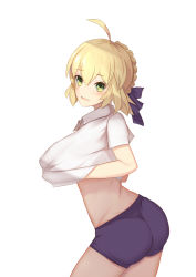 Rule 34 | 1girl, absurdres, ahoge, alternate costume, artoria pendragon (all), artoria pendragon (fate), ass, ban bu bu duou, blonde hair, blue eyes, blue ribbon, blush, braid, clothes pull, collared shirt, fate/stay night, fate (series), french braid, from side, green eyes, groin, hair between eyes, hair ribbon, highres, looking at viewer, open mouth, ribbon, saber (fate), shirt, shirt pull, short hair, short shorts, short sleeves, shorts, simple background, smile, solo, white background, white shirt