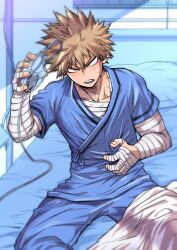 Rule 34 | 1boy, alternate eye color, bakugou katsuki, bandaged arm, bandaged chest, bandaged hand, bandages, bed, black outline, blanket, blonde hair, blue pants, blurry, boku no hero academia, chiyaya, collarbone, commentary request, depth of field, fingernails, gauze, hair between eyes, hand up, head tilt, highres, holding, holding mask, holding stomach, hospital, hospital bed, hospital gown, indoors, looking at viewer, male focus, mask, unworn mask, on bed, open mouth, orange eyes, outline, oxygen mask, pants, partial commentary, pillow, sanpaku, scratches, shade, short hair, short sleeves, single horizontal stripe, sitting, solo, spiked hair, spoilers, sweatdrop, v-shaped eyebrows