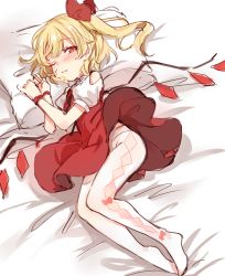 Rule 34 | 1girl, armband, blonde hair, blush, closed mouth, commentary request, crystal, dress, fang, flandre scarlet, full body, hair ribbon, highres, looking at viewer, lying, medium hair, no headwear, on bed, on side, one eye closed, one side up, pantyhose, paragasu (parags112), pillow, puffy short sleeves, puffy sleeves, red dress, red eyes, red ribbon, ribbon, short sleeves, sleepy, solo, touhou, white pantyhose, wings